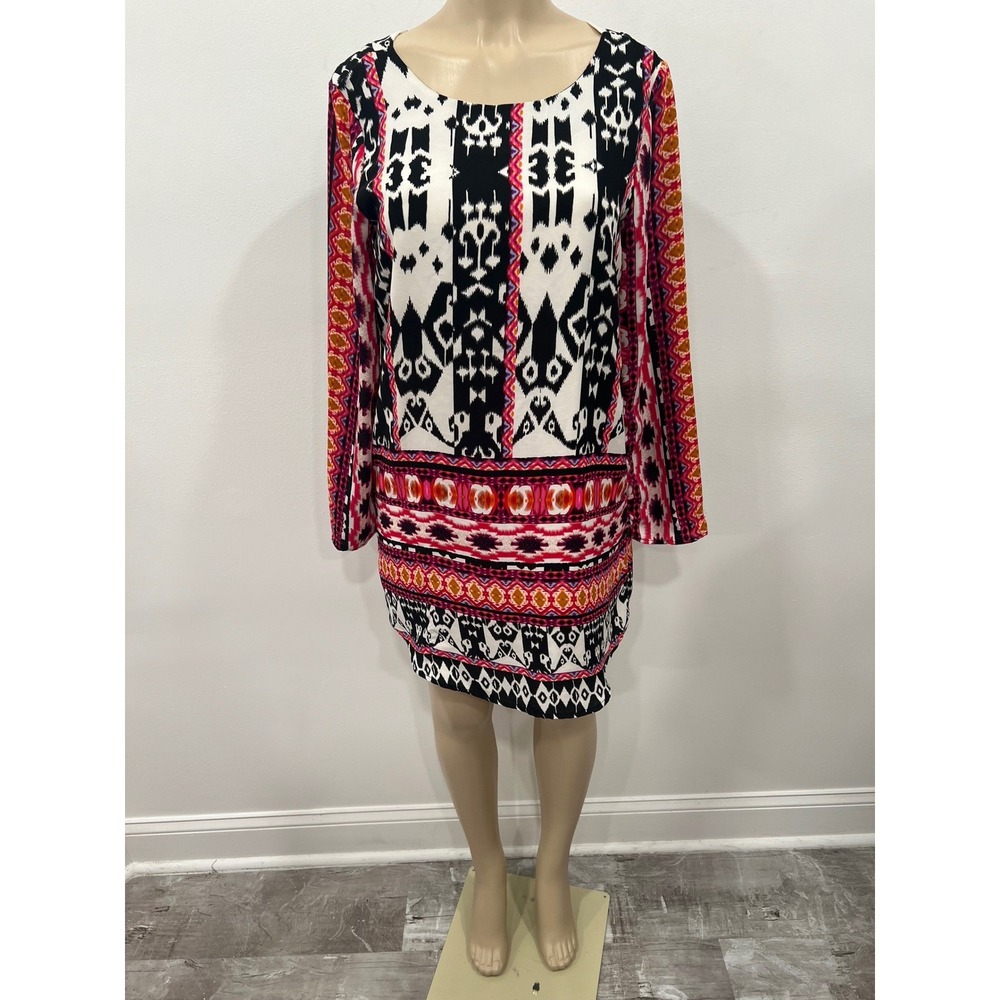 Renee C. Tribal Ikat Print Strappy Back Shift Dress Black Pink 1707DR Medium
